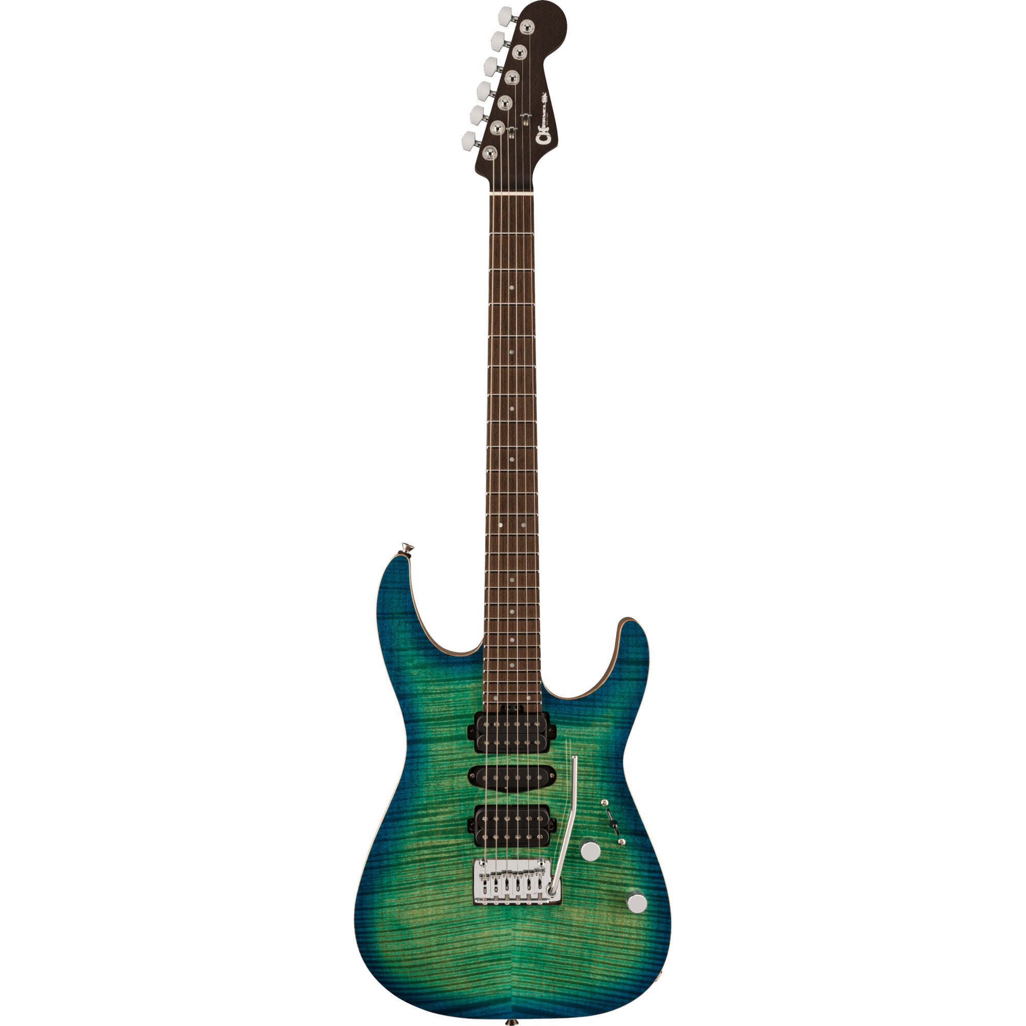 Charvel MJ Series DK24 HSH 2PT W Flame Maple Caribbean Burst elektrische gitaar met hardshell gigbag
