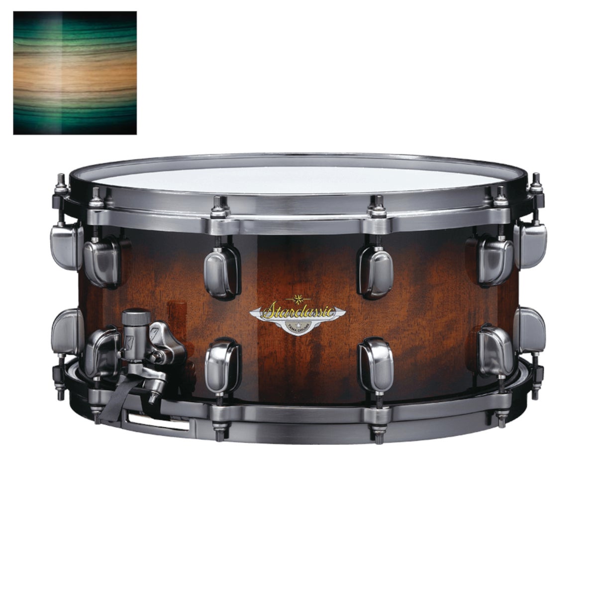 Tama MES1465B-LEWB Starclassic Maple Emerald Pacific Walnut Burst 14 x 6.5 inch snaredrum (zwart vernikkeld)