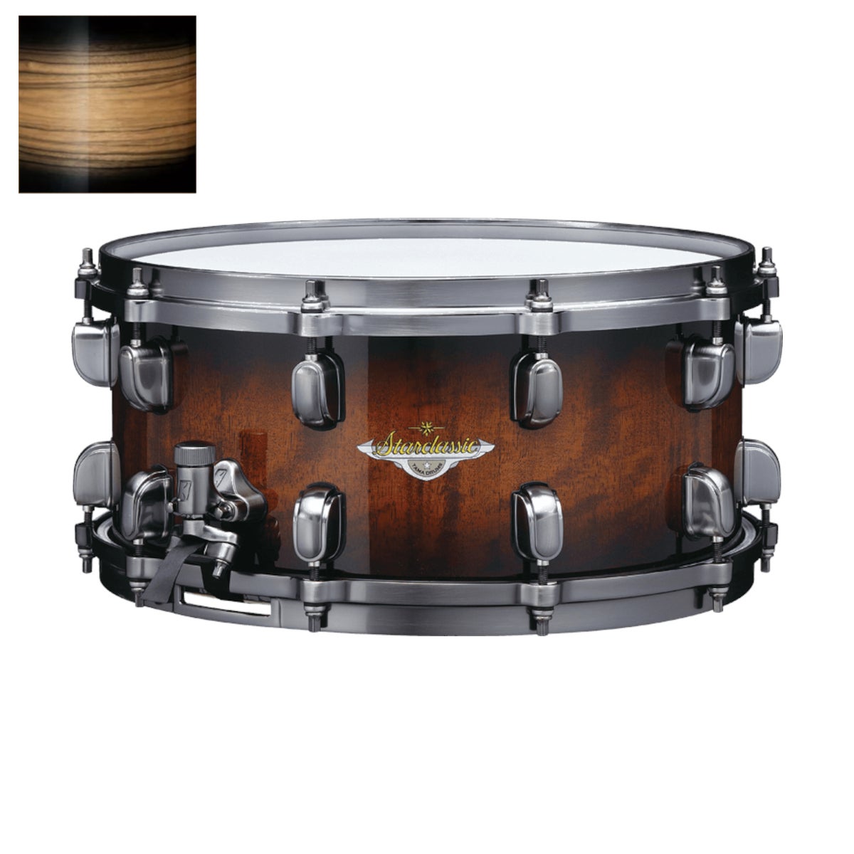 Tama MES136B-LNWB Starclassic Maple Natural Pacific Walnut Burst 13 x 6 snaredrum (zwart vernikkeld)